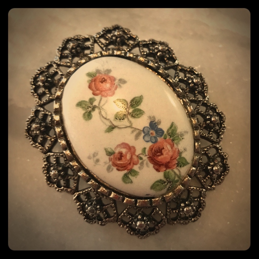 Vintage Hand Painted Porcelain Floral Brooch